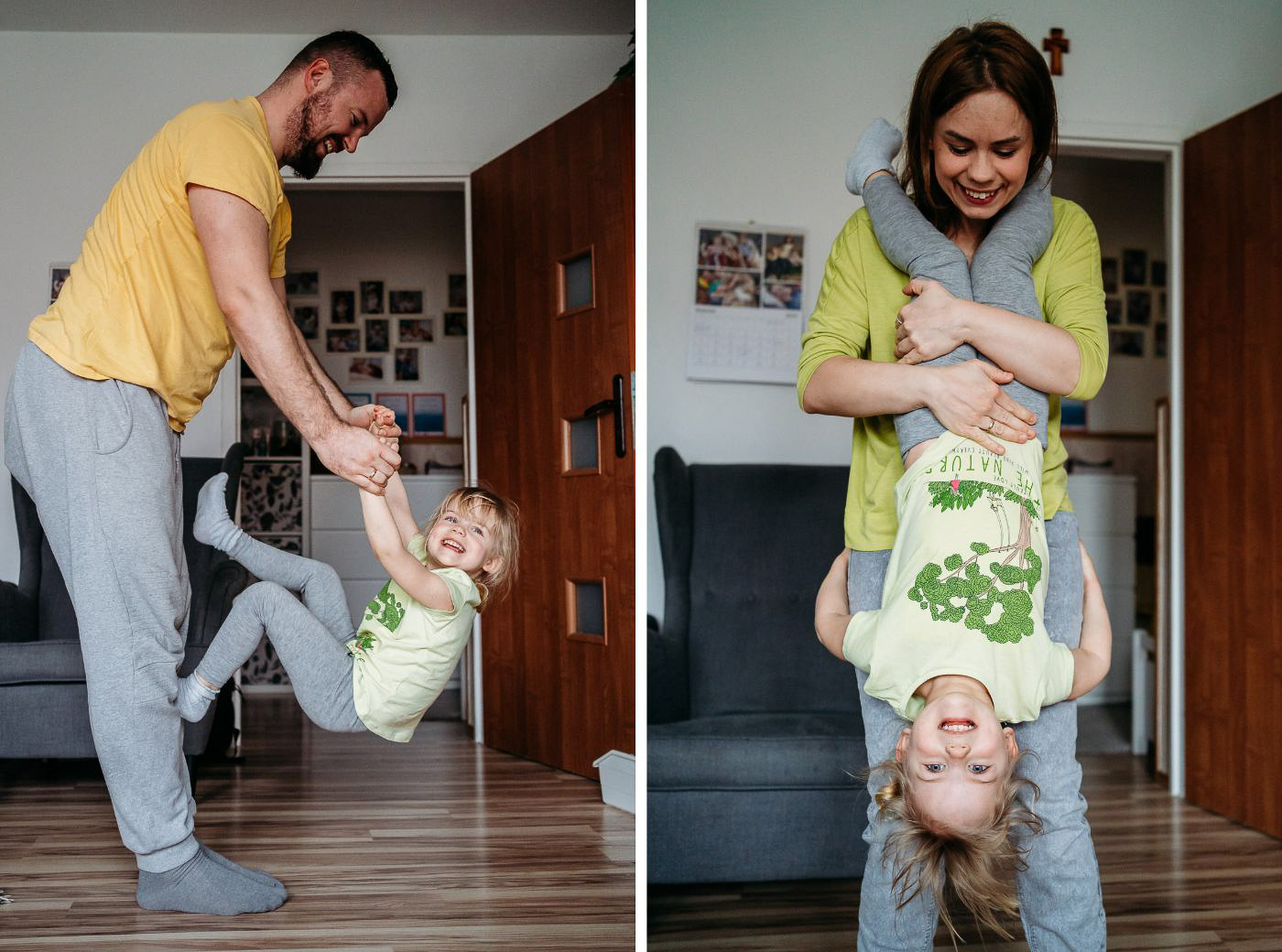 Zabawy rodziców z dziećmi w czasie rodzinnej sesji zdjęciowej w stylu lifestyle w Łodzi